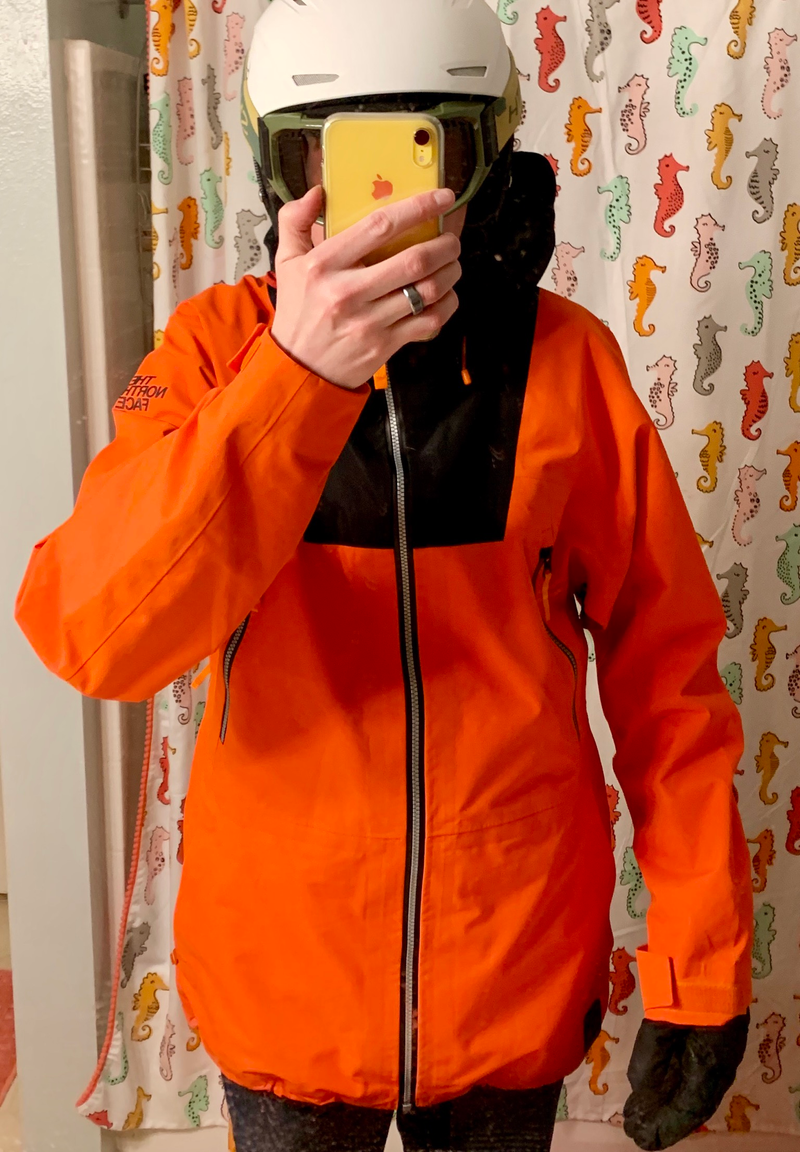 Pretty much the whole thing. Besides the black around the neck its pretty much solid obnoxious orange. Sorry about the dirty mirror in my kids’ bathroom.